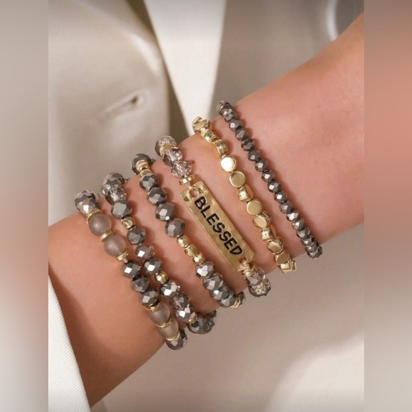 Jewelry - Blessed Beaded Stretch Bracelet Stack Set | Gray & Gold | Boho Inspirational |